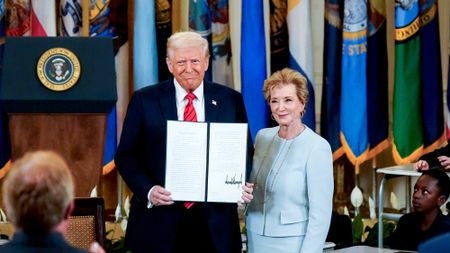 President Donald Trump and Education Secretary Linda McMahon