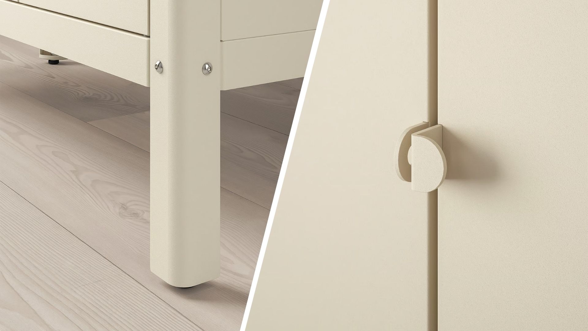 composite of legs of cabinet and close up of handles