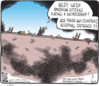 Political Cartoon U.S. American refugees wall