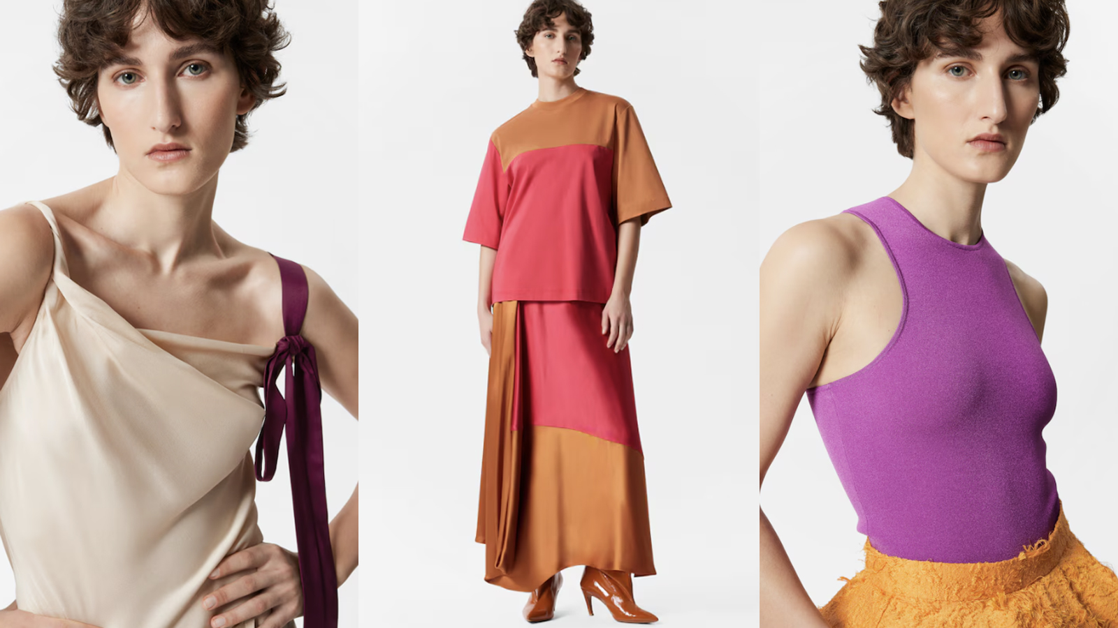 composite image of a model wearing three outfits from roksanda x stories