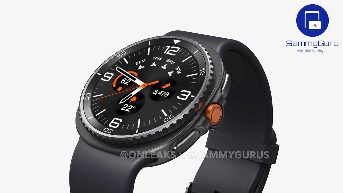 A render of what the Samsung Galaxy Watch 8 Classic might look like, with a circular AMOLED display, rotating metal bezel, orange Action button, and squircle case.