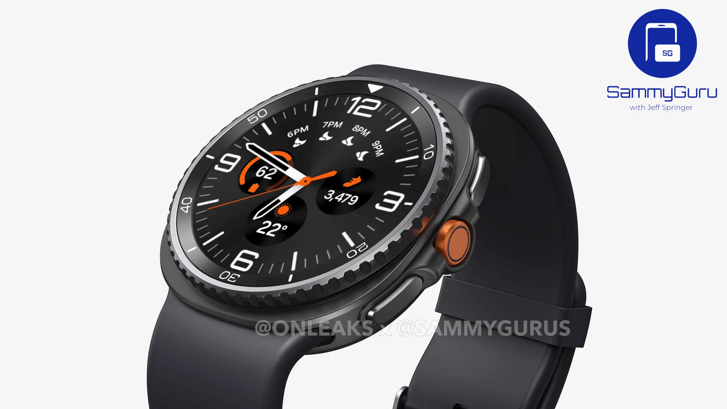 A render of what the Samsung Galaxy Watch 8 Classic might look like, with a circular AMOLED display, rotating metal bezel, orange Action button, and squircle case.