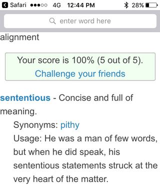 Screenshot showing word "sententious" and meaning.