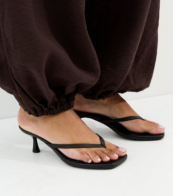 Black Faux Leather Toe Post Mules