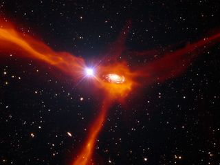An artist's impression of a quasar. New measurements of the universe's expansion have relied on the gravitational lensing of light from six quasars.