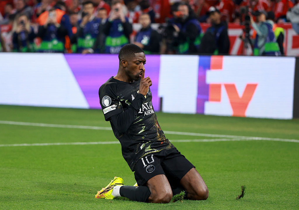 Ousmane Dembele of PSG celebrates his goal against Bayern Munich