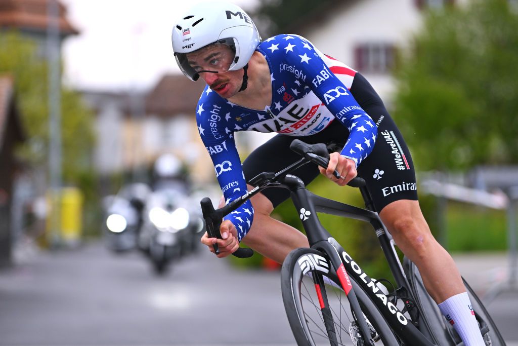 PAYERNE SWITZERLAND APRIL 23 Brandon Mcnulty of The United States and UAE Team Emirates sprints during the 77th Tour De Romandie 2024 Prologue a 228km individual time trial stage from Payerne to Payerne UCIWT on April 23 2024 in Payerne Switzerland Photo by Luc ClaessenGetty Images