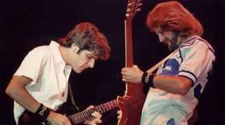 Glenn Frey and Don Felder of the Eagles jamming at the Civic Center in Providence, RI, USA, October 8, 1979.