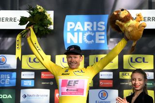 DAMPIERRE FRANCE MARCH 07 Magnus Cort Nielsen of Denmark and Team EF Education Easypost celebrates at podium as Yellow Leader Jersey winner during the 81st Paris Nice 2023 Stage 3 a 322km team time trial from Dampierre en Burly to Dampierre en Burly ParisNice on March 07 2023 in Dampierre France Photo by Alex BroadwayGetty Images