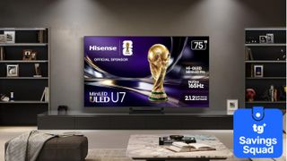 The Hisense U75QG Mini-LED TV displaying the FIFA World Cup Trophy in a modern living room