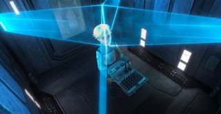 a person with short blond hair stands in an elevator-like room while being scanned with blue laser lights