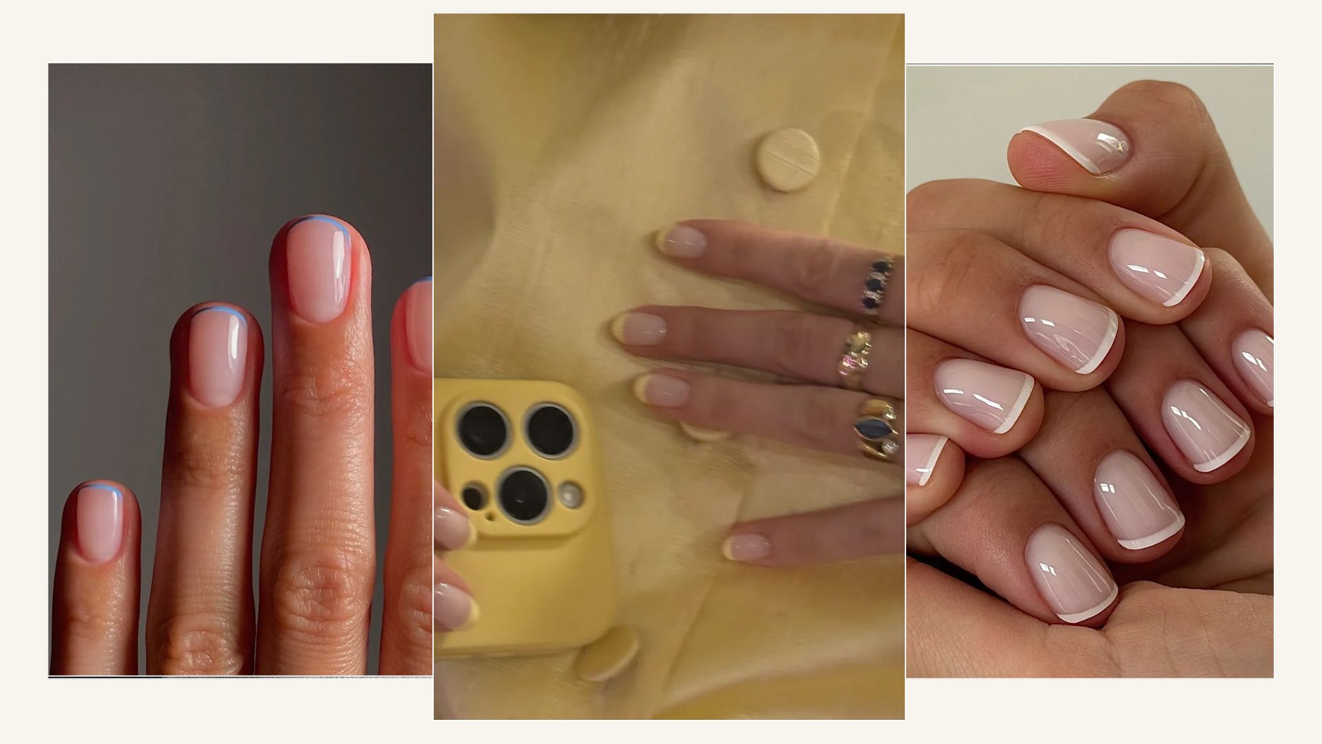 A collage of French tip manicures, including blue French tips, yellow French tips and French tip nails with a glassy finish