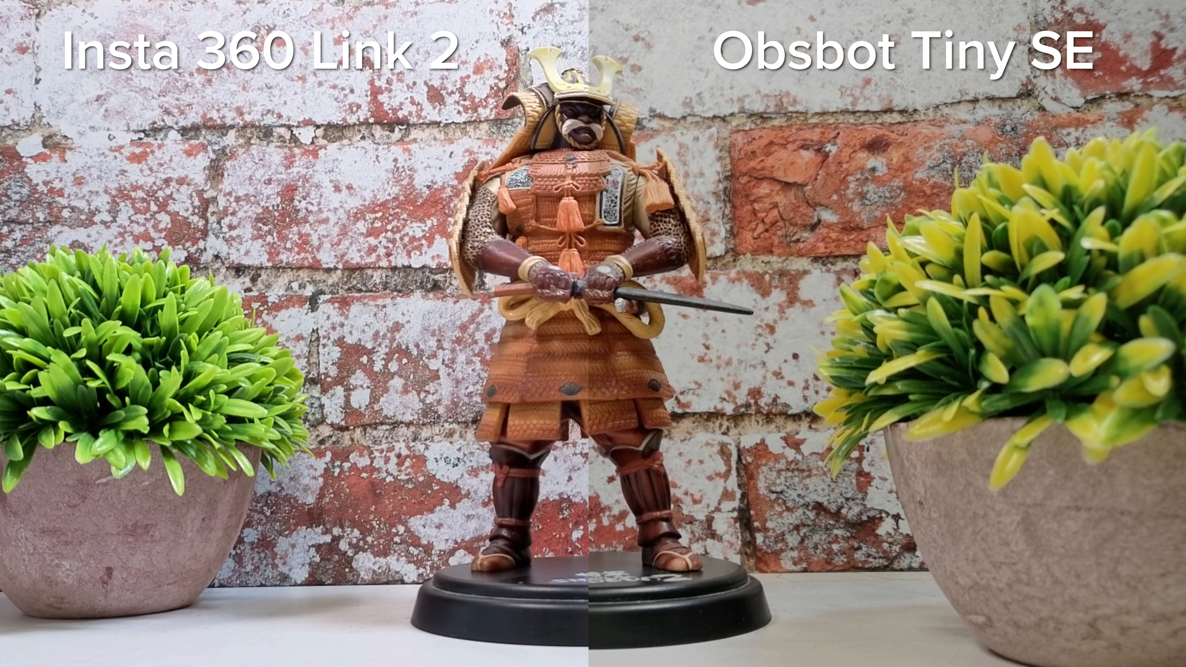 A webcam comparison photo showing the differences between the Insta360 Link 2 and OBSBOT Tiny SE