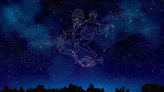 Graphic illustration showing the Aquarius Constellation, the placement of the stars and the outline of the "Water Bearer" after which the constellation is named.