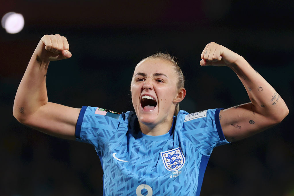 Georgia Stanway of England celebrates after the team's 3-1 victory and advance to the final following the FIFA Women's World Cup Australia & New Zealand 2023 Semi Final match between Australia and England at Stadium Australia on August 16, 2023 in Sydney, Australia.