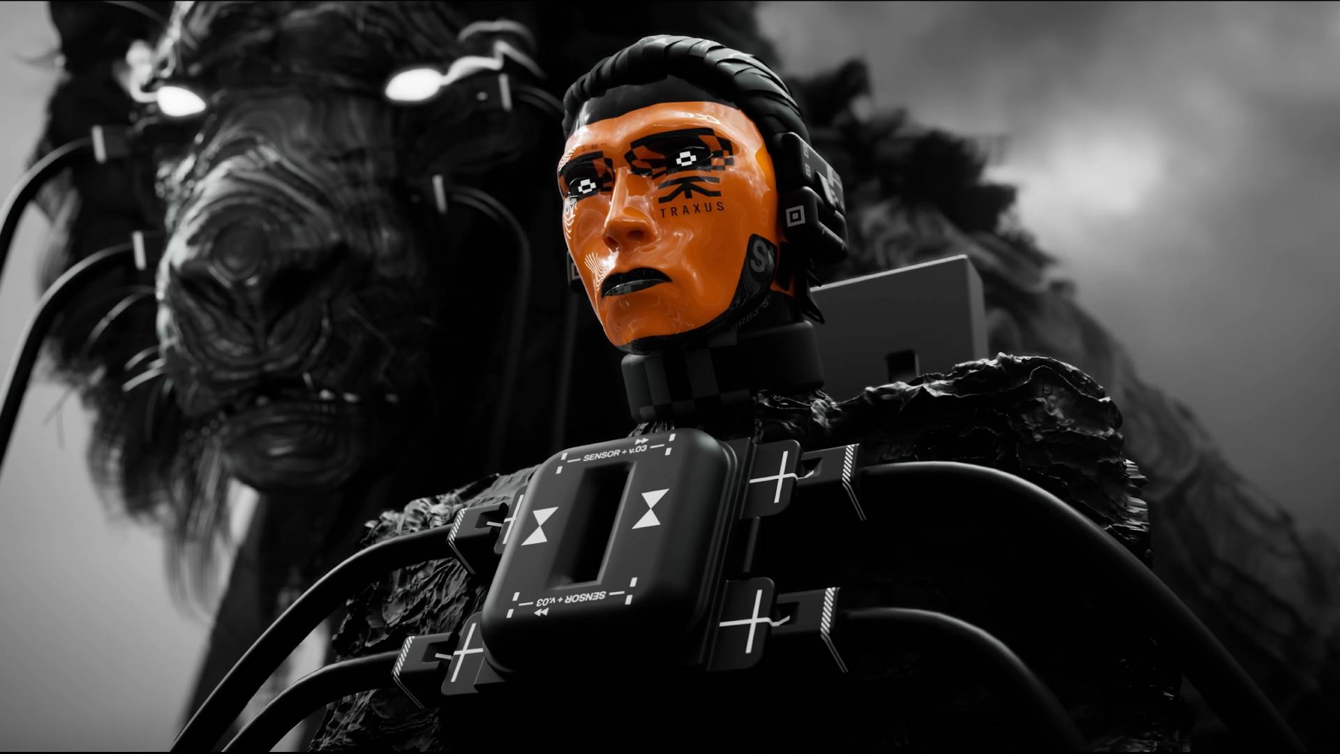 Marathon factions Traxus agent Vulcan with orange face and black outfit and black lion creature in the background