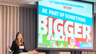 Secretary of State for Science, Innovation and Technology Michelle Donelan talking on stage of the annual IAPP conference in London on March 9, 2023