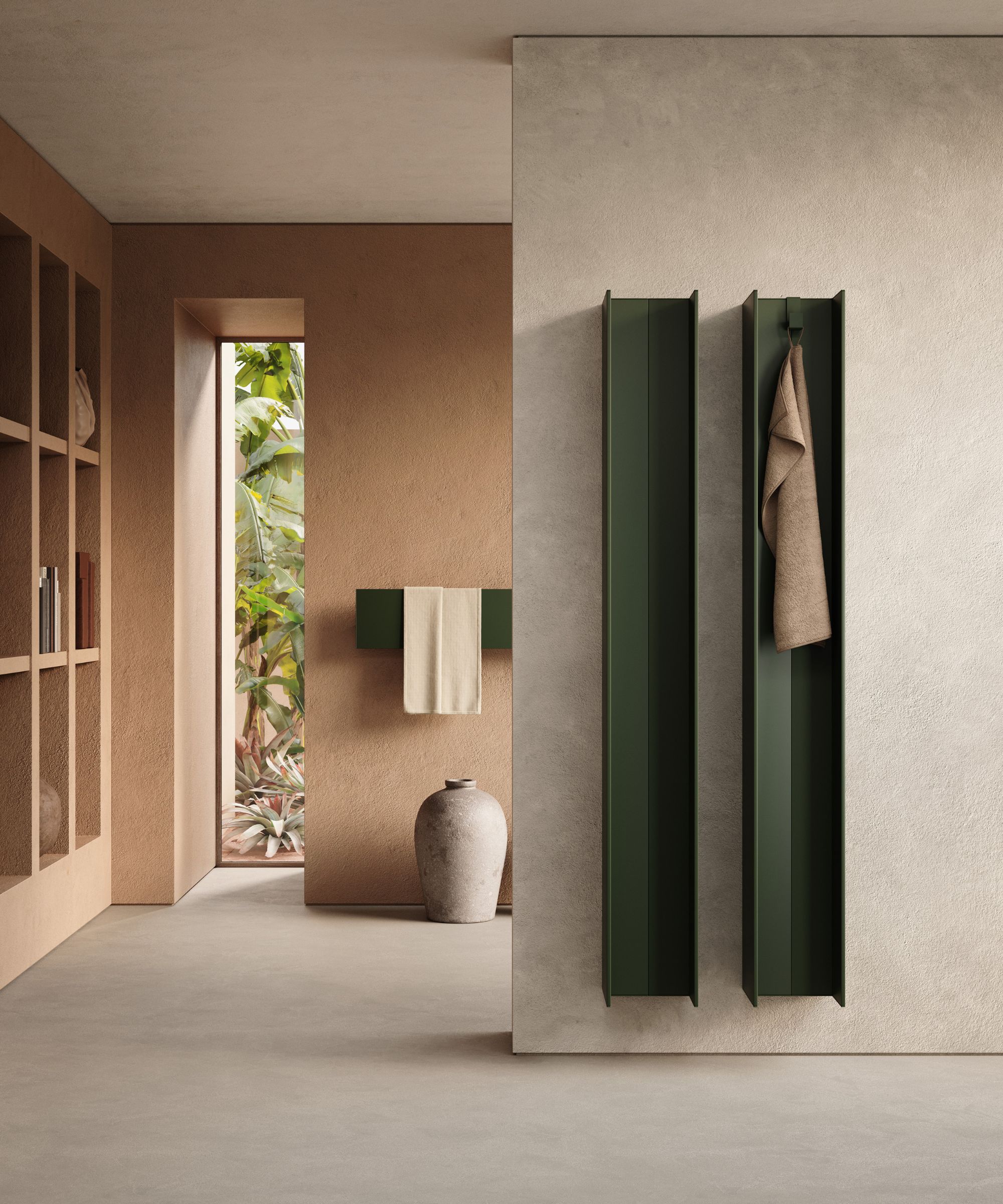 Minimal green wall-mounted towel panels add a sculptural touch. Set against warm plaster walls and concrete floors, they offer simple, space-saving towel storage in a contemporary bathroom.