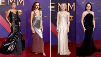 split image of quinta brunson, ella purnell, dakota johnson, Selena gomez at the emmys red carpet september 15 2024