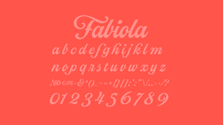 Light red text displaying the decorative font Fabiola on a red background.