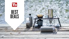 DOD Outdoors pour-over coffee set on a pier wth deal overlay