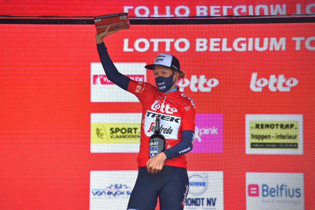 CHIMAY BELGIUM JUNE 22 Ellen Van Dijk of The Netherlands and Team Trek Segafredo Red Leader Jersey celebrates at podium during the 9th Lotto Belgium Tour 2021 Prologue a 44km Individual Time Trial stage from Chimay to Chimay Beer Trophy ITT LottoBelgTour LottoBelgiumTour on June 22 2021 in Chimay Belgium Photo by Luc ClaessenGetty Images