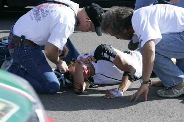 Scott Nydam receives medical attention following his Tour of the Gila crash.