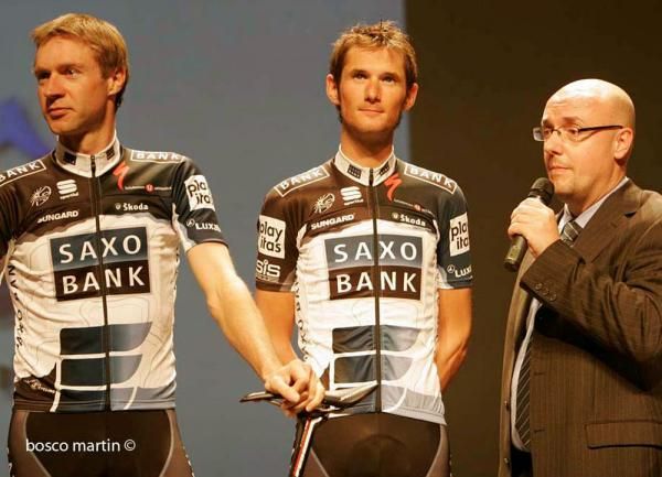 Saxo Bank's Jens Voigt and Fr&auml;nk Schleck at the teams presentation