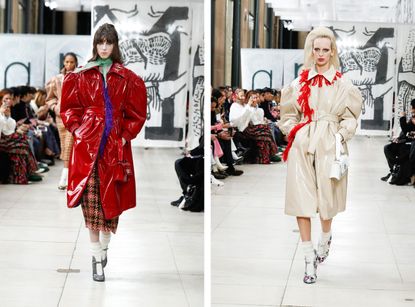 Miu Miu: models wear patent oversized jackets, in white and red with detailing