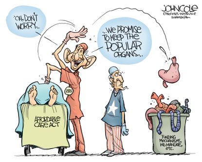 Political Cartoon U.S. Paul Ryan Republicans health care bill replacement popular parts