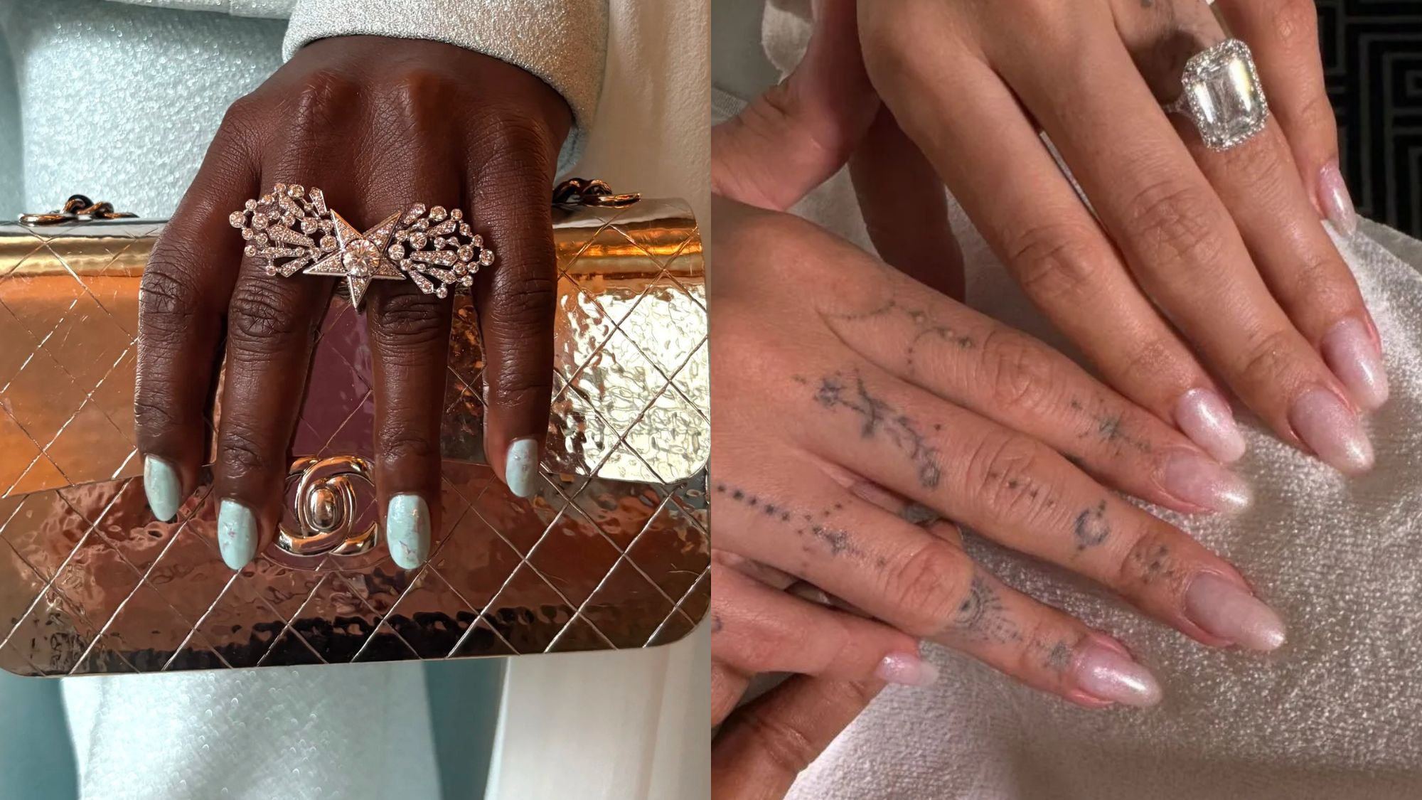 Split image of Lupita N’yongo and Hailey Bieber's Met Gala manicures.