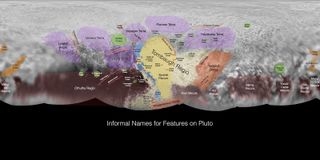 Image showing the informal names being used by the New Horizons team for features on Pluto. These monikers have not yet been approved by the International Astronomical Union (IAU).
