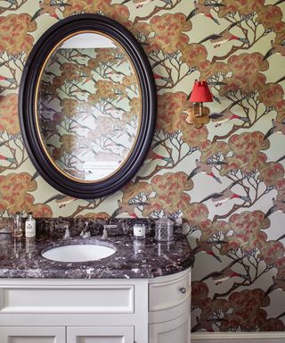 Red bathroom ideas with patterned wallpaper
