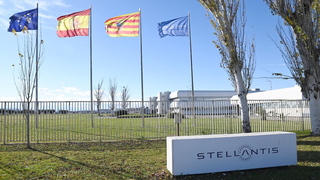 Stellantis&#039; factory sign, on Dec. 10, 2024 in Figueruelas, Zaragoza, Aragon, Spain