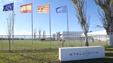 Stellantis' factory sign, on Dec. 10, 2024 in Figueruelas, Zaragoza, Aragon, Spain