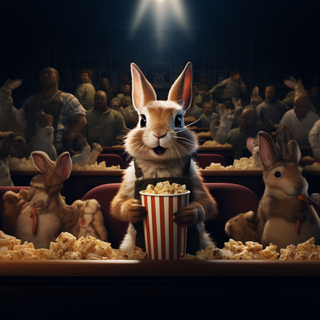 A rabbit sitting down on a seat while eating popcorn in a cinema full of animals at 1.5x Zoom.