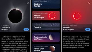 Events page in the app showing upcoming solar eclipses.