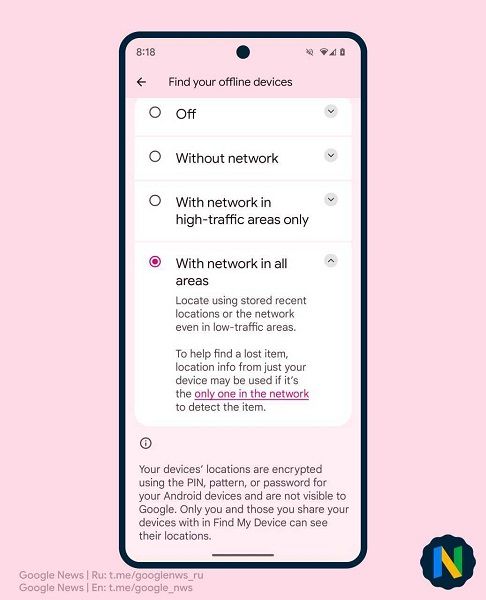 The on option, enabling Google's new "Find my device network" to work always in all traffic areas.
