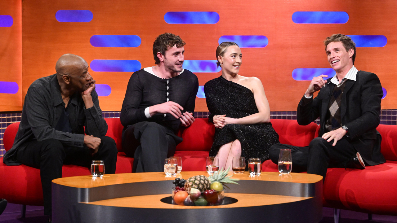 Denzel Washington, Paul Mescal, Saoirse Ronan and Eddie Redmayne sitting on couch during filming for the Graham Norton Show