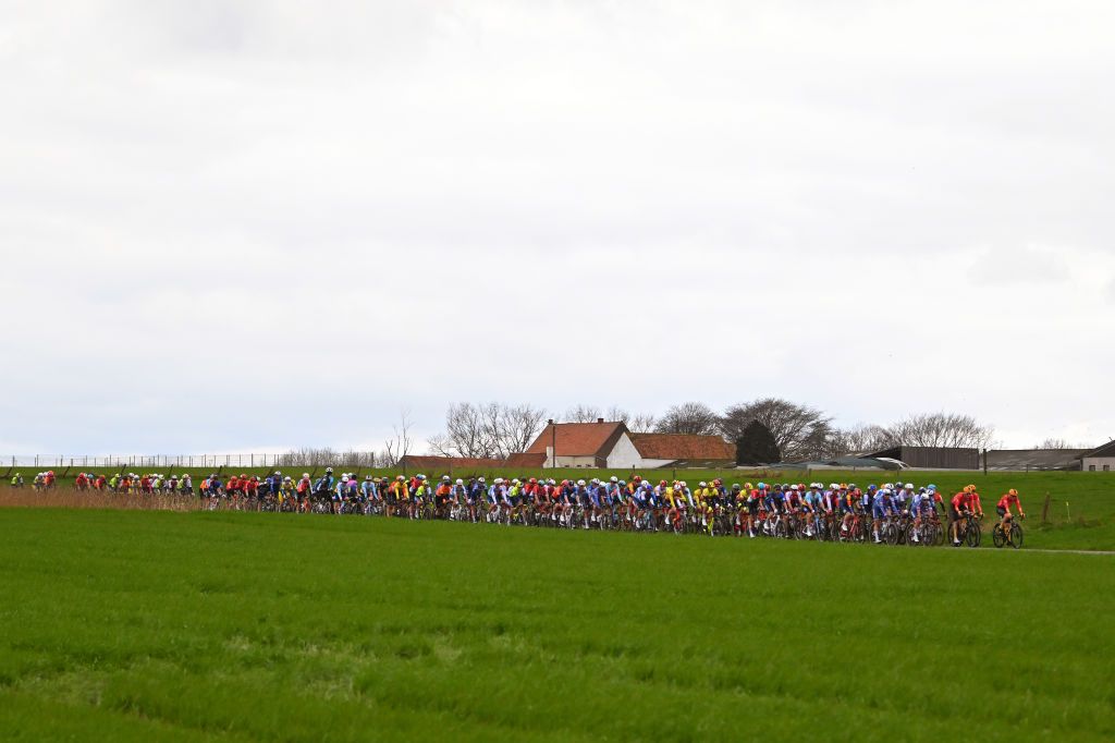 NOKERE BELGIUM MARCH 13 A general view of the peloton competing during the 78th Danilith Nokere Koerse 2024 Mens Elite a 1881km one day race from Deinze to Nokere UCIWT on March 13 2024 in Nokere Belgium Photo by Luc ClaessenGetty Images