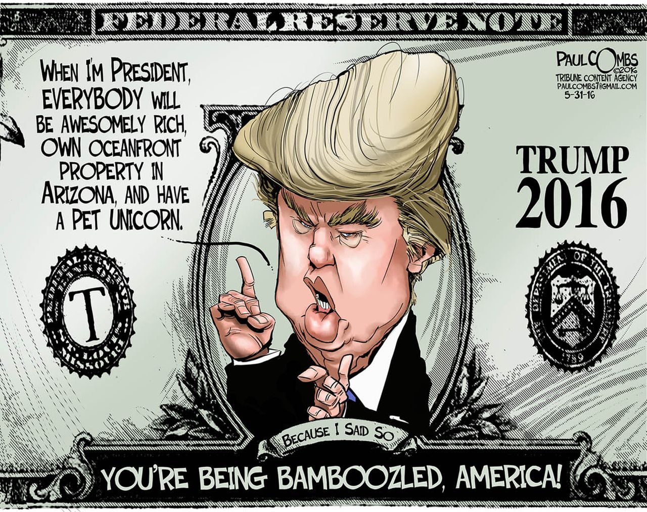 Political cartoon U.S. Trump lies Federal Reserve bamboozled money