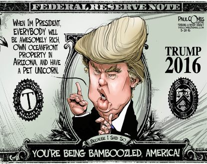 Political cartoon U.S. Trump lies Federal Reserve bamboozled money