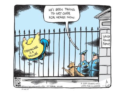 Obama cartoon White House fence jumper Obamacare
