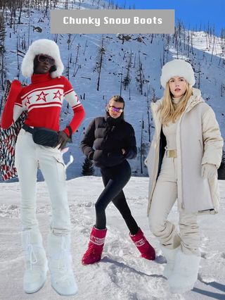 A collage of women wearing chunky snow boots.