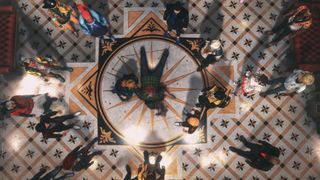 A top-down view of a crowd of people circled around a dead body on an ornate tiled floor