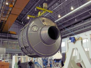 Pressurised module of the ATV Albert Einstein being manufactured in December 2010 in Turin by Thales Alenia.