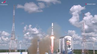 A Russian Soyuz rocket launches the Ionosfera-M 3 and 4 spacecraft, along with 18 secondary payloads, from Vostochny Cosmodrome on July 25, 2025.
