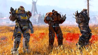 Three armored figures stand in a vibrant orange field, each striking a playful pose. They wear detailed futuristic suits, creating a lighthearted yet adventurous tone.