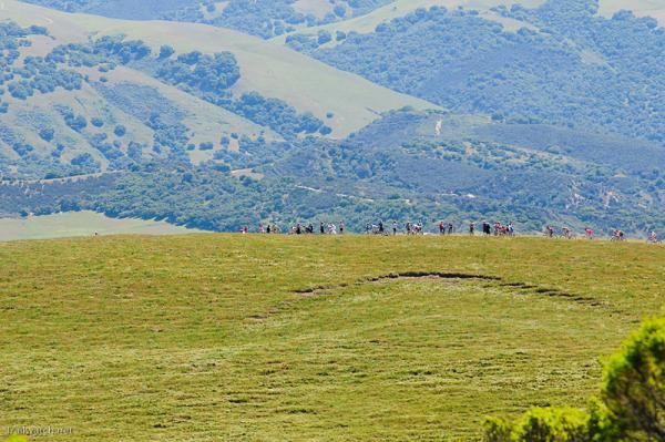 Pro men ride on a distant ridge