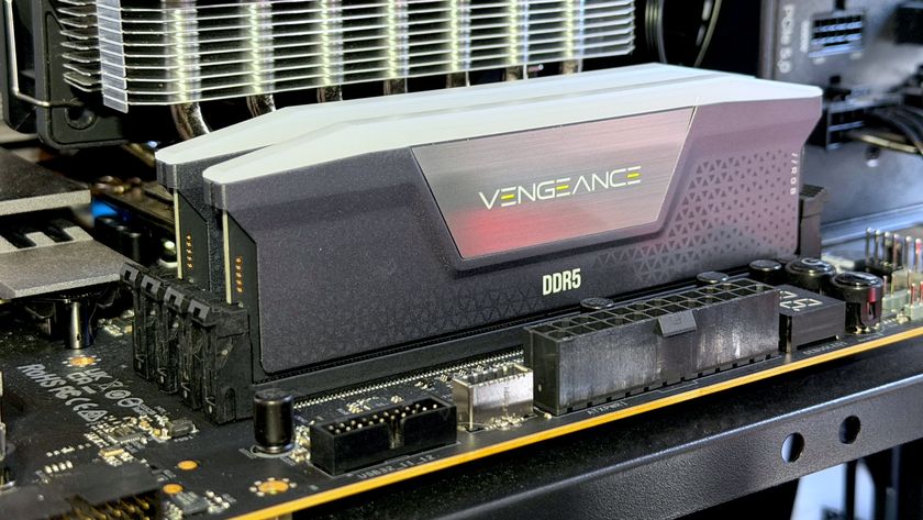 A photo of a DDR5 RAM kit by Corsair, mounted in a gaming PC motherboard
